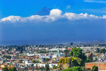Overlook Colorful Churches Volcano Popocatepetl Cholula Mexico