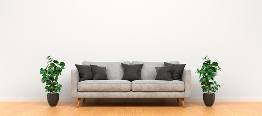 Modern minimalistic interior with sofa. 3D rendering