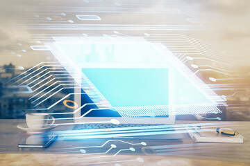 Double exposure of computer and technology theme hologram. Concept of freelance work.