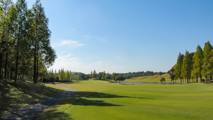 広々とした青空に広々としたゴルフコースのパノラマが