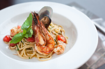 Pasta with seafood. Dish in the restaurant.