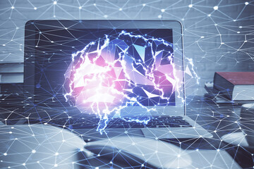 Multi exposure of work table with computer and brain hologram. Brainstorm concept.