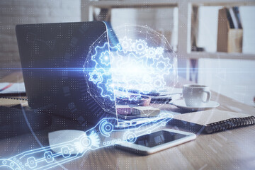 Technology theme drawing and work space with computer. Double exposure. Concept of innovation.