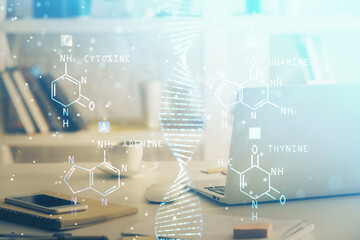 Desktop computer background and DNA drawing. Double exposure. Science concept.