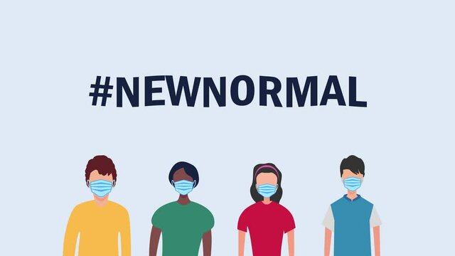 Animation of four people with hashtag new normal
