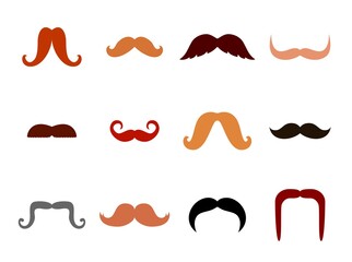Set of mustaches silhouettes isolated on white background. Collection of men's different colors and forms mustache hair icons. Vector illustration