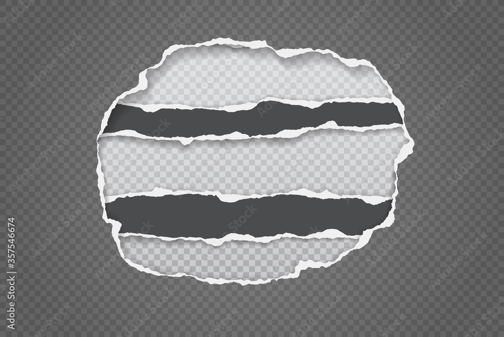 Poster pieces of torn, ripped round grey paper frame with soft shadow are on white squared background for t