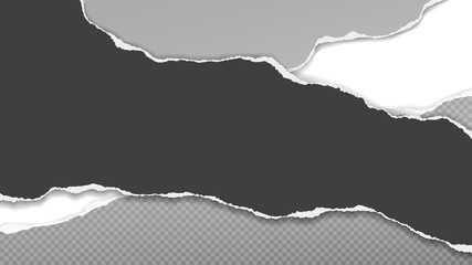 Torn, ripped pieces black, dark grey paper with soft shadow are on white background for text. Vector illustration