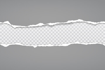 Torn, ripped pieces of horizontal grey paper with soft shadow are on white squared background for text. Vector illustration