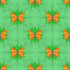 Fototapeta na wymiar Seamless pattern with clipping mask. Orange butterfly on green leaves staggered EPS10