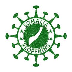 Somalia reopening stamp. Green round badge of country with map of Somalia. Country opening after lockdown. Vector illustration.