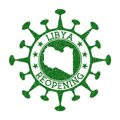 Libya reopening stamp. Green round badge of country with map of Libya. Country opening after lockdown. Vector illustration.