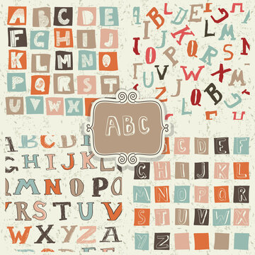  Collection seamless patterns with funky letters. Set of funky retro alphabets in vector.