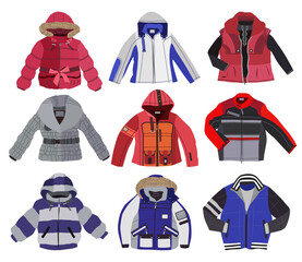 set of children's jackets isolated on white background