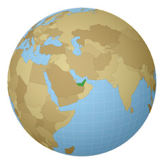 Globe centered to UAE. Country highlighted with green color on world map. Satellite projection view. Vector illustration.