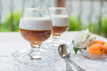 Chia Pudding. Healthy food made from chia seeds and vegetable milk with fresh fruit puree.