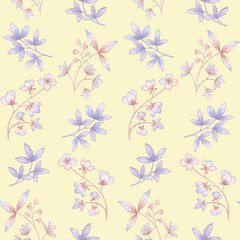 Seamless botanical pattern painted in watercolor on a light green background. Delicate ornament of flowers and leaves for wallpaper and wrapping paper.