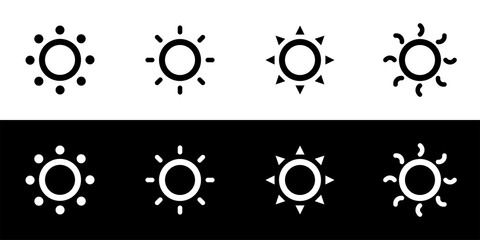 Sun icon set. Flat design icon collection isolated on black and white background. Summer, hot weather, and sunlight.