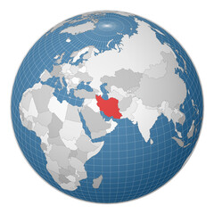 Globe centered to Iran. Country highlighted with green color on world map. Satellite world projection. Awesome vector illustration.