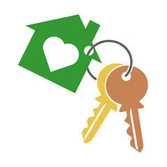 House with heart, two key and key ring. Keychain symbol, icon silhouette on white background.