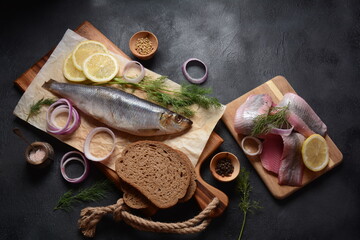 Obraz na płótnie Canvas Herring fish on wooden board with pepper, herbs, red onion and lemon on black background. Top view with copy space with potatoes slices and rye bread