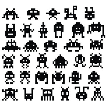 Set of cheerful pixel monsters on white