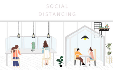 People men and woman are talking,eating in restaurant.Social distancing in new normal