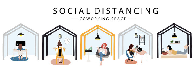 woman are working in working space with laptop.Social distancing in new normal style