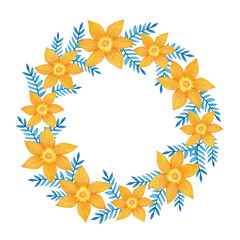 Obraz premium Summer floral wreath of decorative daffodils painted in watercolor.