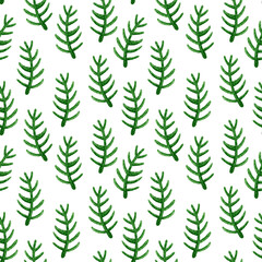 Watercolor green branches seamless pattern on white background.