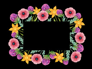 Summer floral frame from decorative flowers painted by watercolor on a black background.