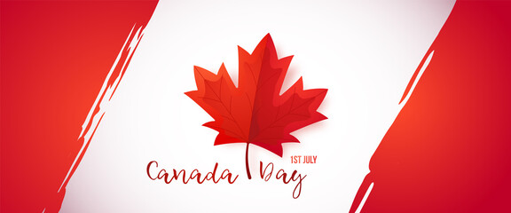 First of July, Canada Day. Long greeting banner with red maple leaf for Canada day celebration. Canadian flag, vector illustration.