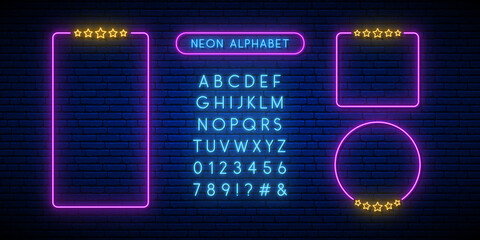 Neon rating sign. Bright blue neon font. Set of neon frames and english alphabet on a dark brick background. Vector neon design template.