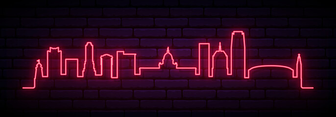 Obraz premium Red neon skyline of Oklahoma City city. Bright Oklahoma City long banner. Vector illustration.