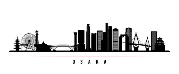 Naklejka premium Osaka skyline horizontal banner. Black and white silhouette of Osaka, Japan. Vector template for your design.