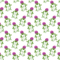 Watercolor seamless pattern of clover flowers on a white background.