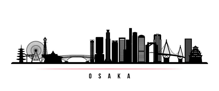 Osaka skyline horizontal banner. Black and white silhouette of Osaka, Japan. Vector template for your design.