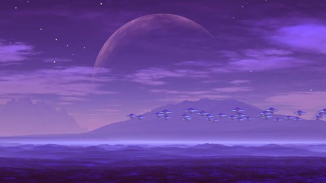 UFO over Lilac Planet. A group of UFOs fly over the foggy hills. Over a large mountain huge planet (moon). On a dark starry sky slowly floating clouds.

