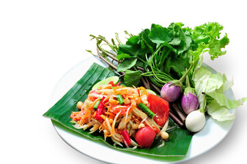 papaya salad a delicious dish with every restaurant in Thailand/ white background.