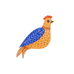 Watercolor bird painted in folk style on a white background.