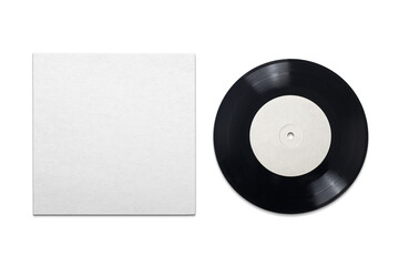 Vinyl phonograph record with cardboard cover on white background.