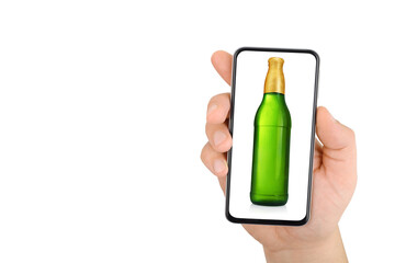 Hand holding phone with beer bottle on the screen isolated.