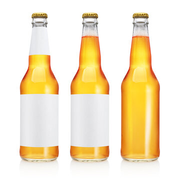 Three beer bottles isolated on white background.