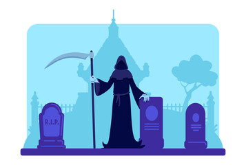 Grim reaper with scythe at cemetery flat color vector illustration