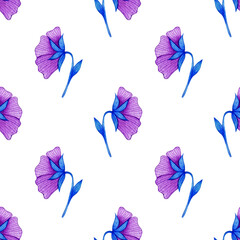 Watercolor violets seamless pattern on a white background.