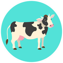 Cute white cow with black spots. Animal on light blue background. Vector illustration.