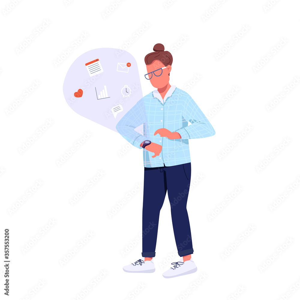 Poster hipster using smartwatch flat color vector faceless character
