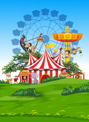 Cartoon amusement park with ferris wheel and kids playground
