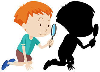 Boy with magnifying glass in color and silhouette