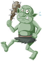 Dark green goblin or troll holding hunting tool in cartoon character isolated